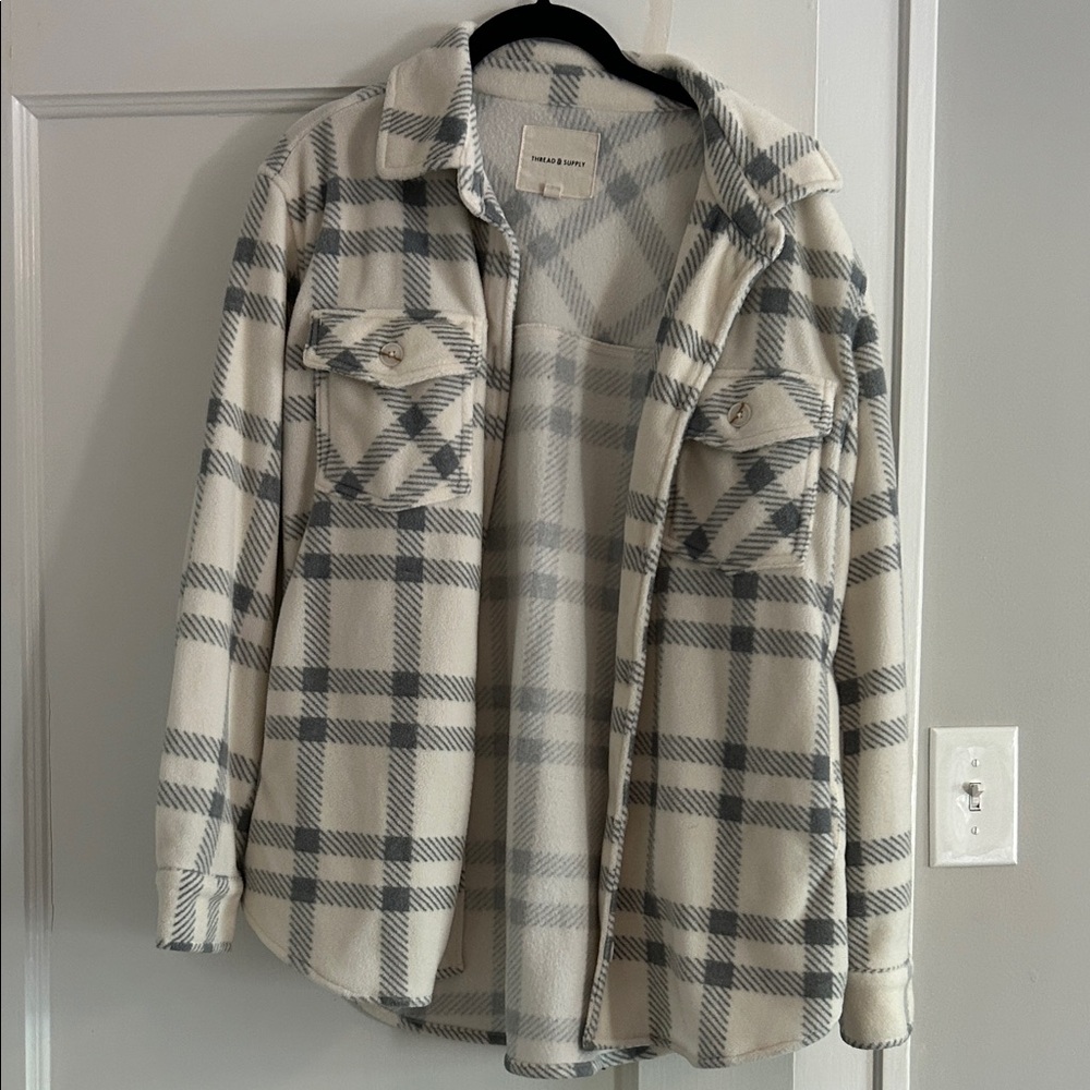 Thread & Supply Cream and Gray Plaid Teddy Jacket
